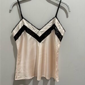 Satin Lace Trim‎ Cami Top Pale Pink Black Chevron V Neck Tank Lingerie